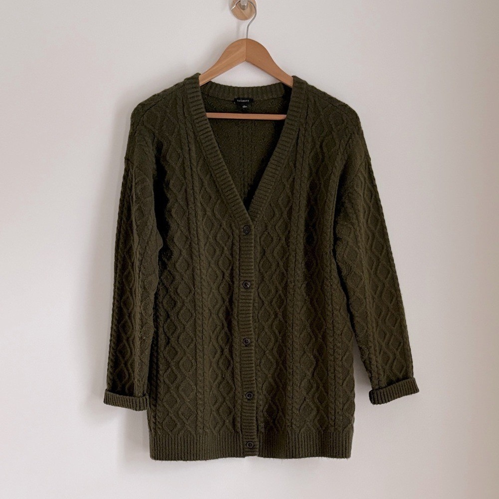 Talbots Cardigan Sweater L Olive Green‎ Cable Knit V-Neck Button Front Classic